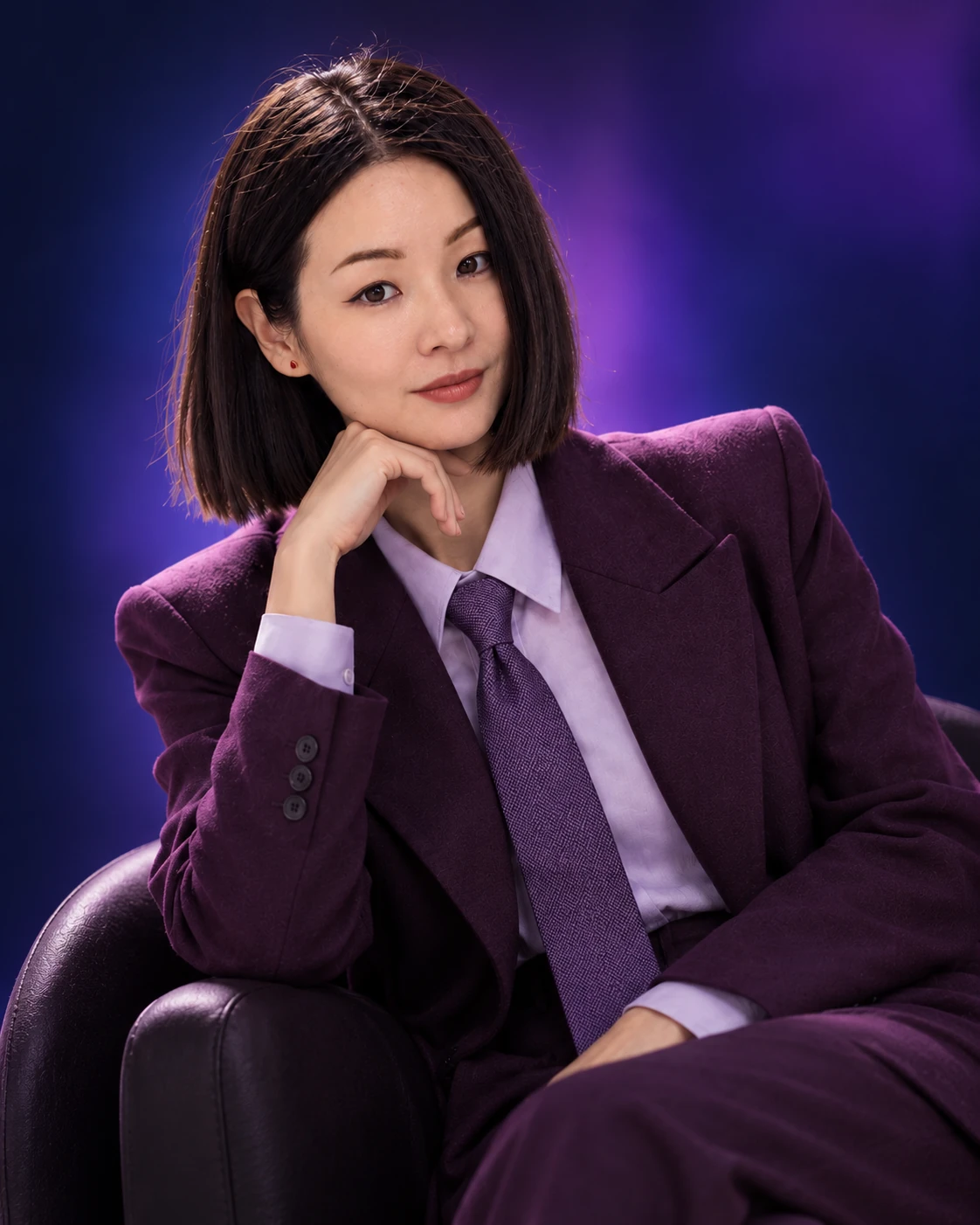 Dina Izteleuova, brand strategist in a purple suit